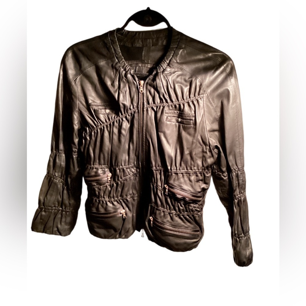 Sylvie Schimmel Unlined Stretch Trendy Scrunchie Black Leather Stylish Jacket S